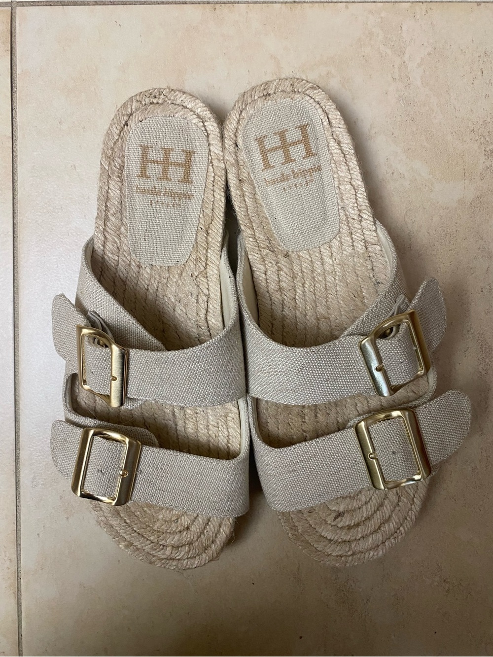 HH Natural Canvas Double-Buckle Slide Espadrille Summer Sandals Beige 8.5